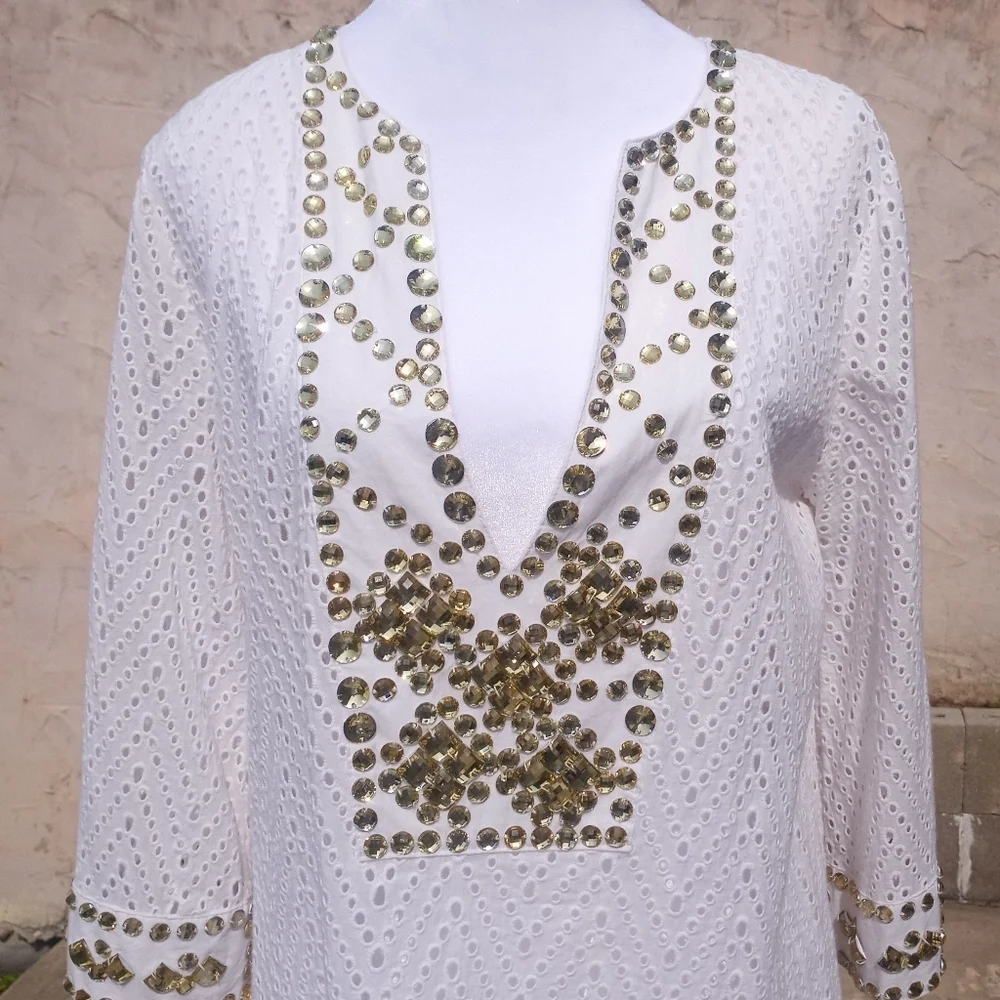 Juliette Eyelet Bejeweled Rhinestone Tunic Top Swim Coverup Women Size Medium